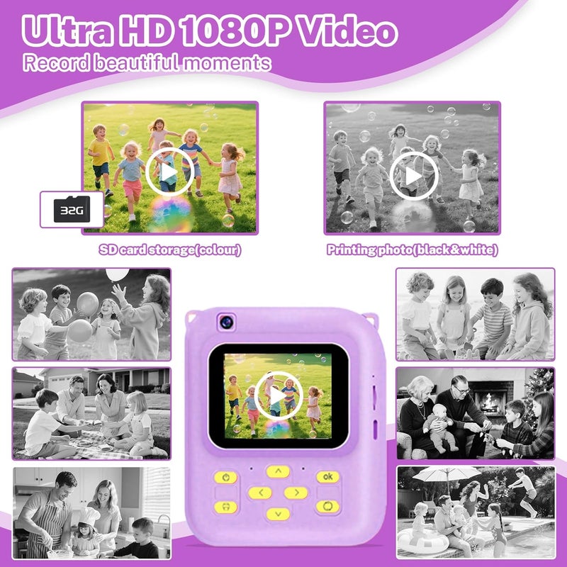 QDH Instant Print Camera for Kids, 1080P Video Camera with 3 Print Rolls, 32GB Card & Cute Cover, Gift for Girls Boys Age 3-12, Toddler Digital Camera with Games, Filters, Music – Purple - Image 4